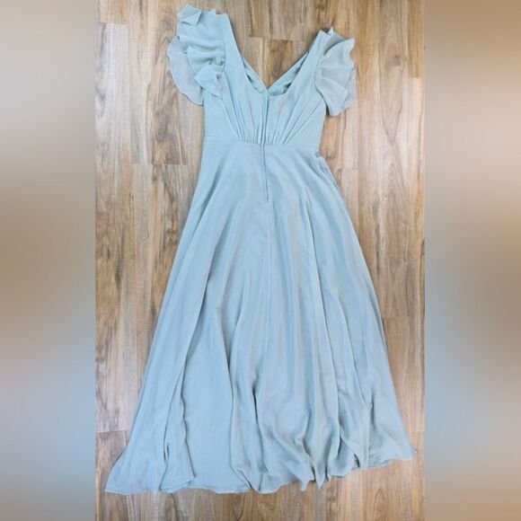 🍑David's Bridal Dusty Sage Green Flutter Sleeve Gown Size 6 - Picture 5 of 13